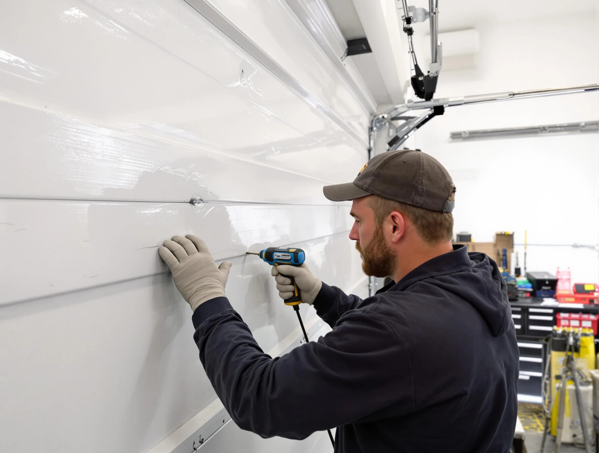 South Plainfield Garage Door Repair technician demonstrating precision dent removal techniques on a South Plainfield garage door